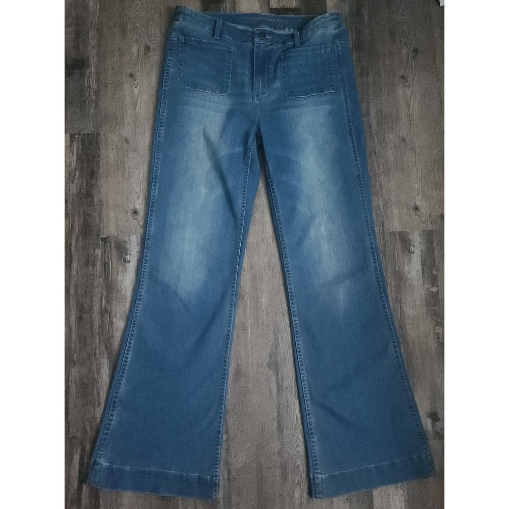 Soft Surroundings Wide Leg Jeans Womens 4 Blue Patch Pocket Mid Rise Flare